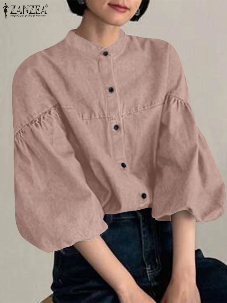 

Women Fashion Denim Shirts 2025 ZANZEA Summer Lantern Sleeve Blouses Casual Solid Tunic Tops Loose Stand Collar Elegant Blusas