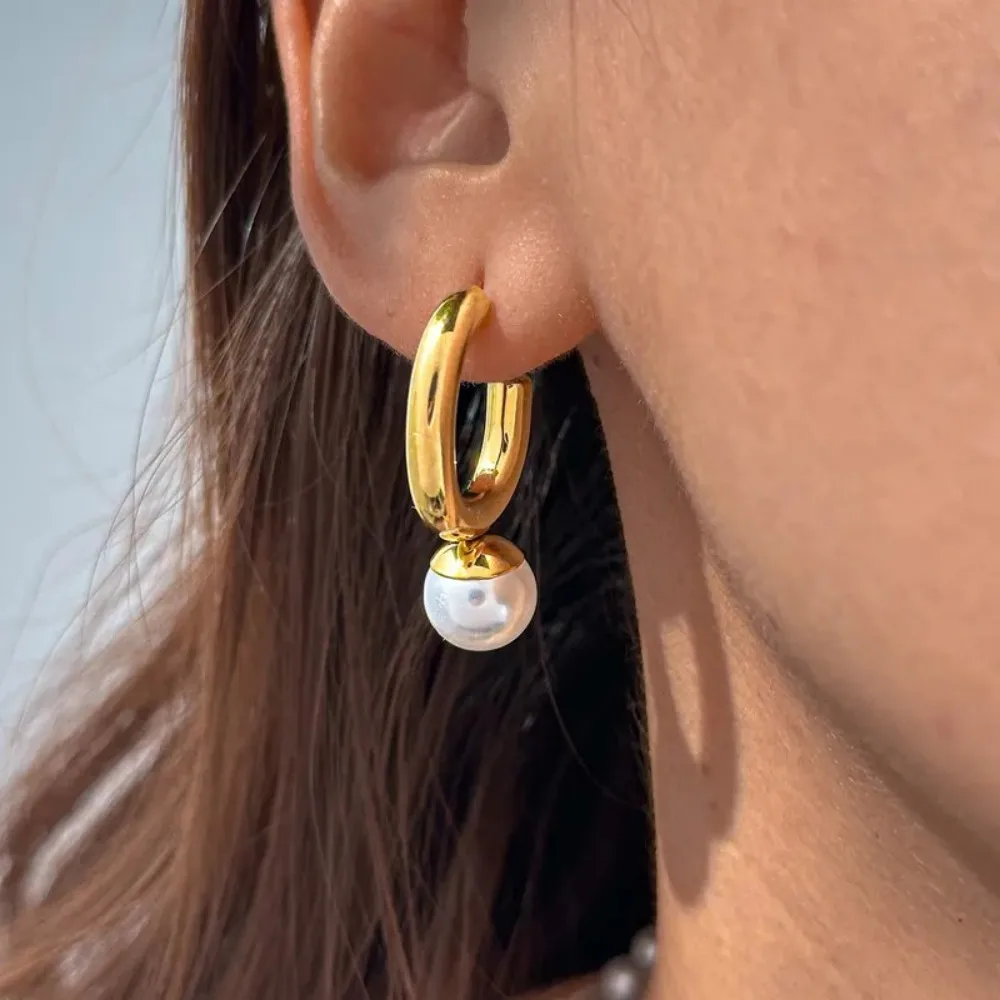 

Gold Plated Stainless Steel Earrings Pearl Drop Pendant Geometric Gold Women's C-shaped Hoop Earrings Fashion Jewelry Femme Gift