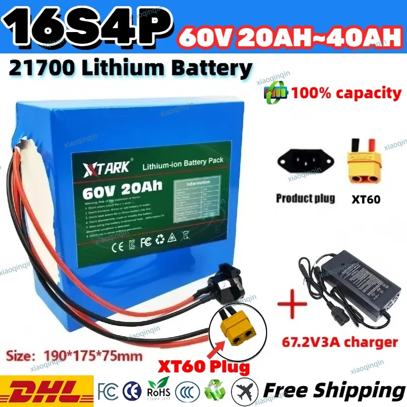 

Original 60V 40Ah 16s4p XT60 plug high-performance li-ion battery pack built-in BMS for E-bike E-motorcycles 1000W~3000W