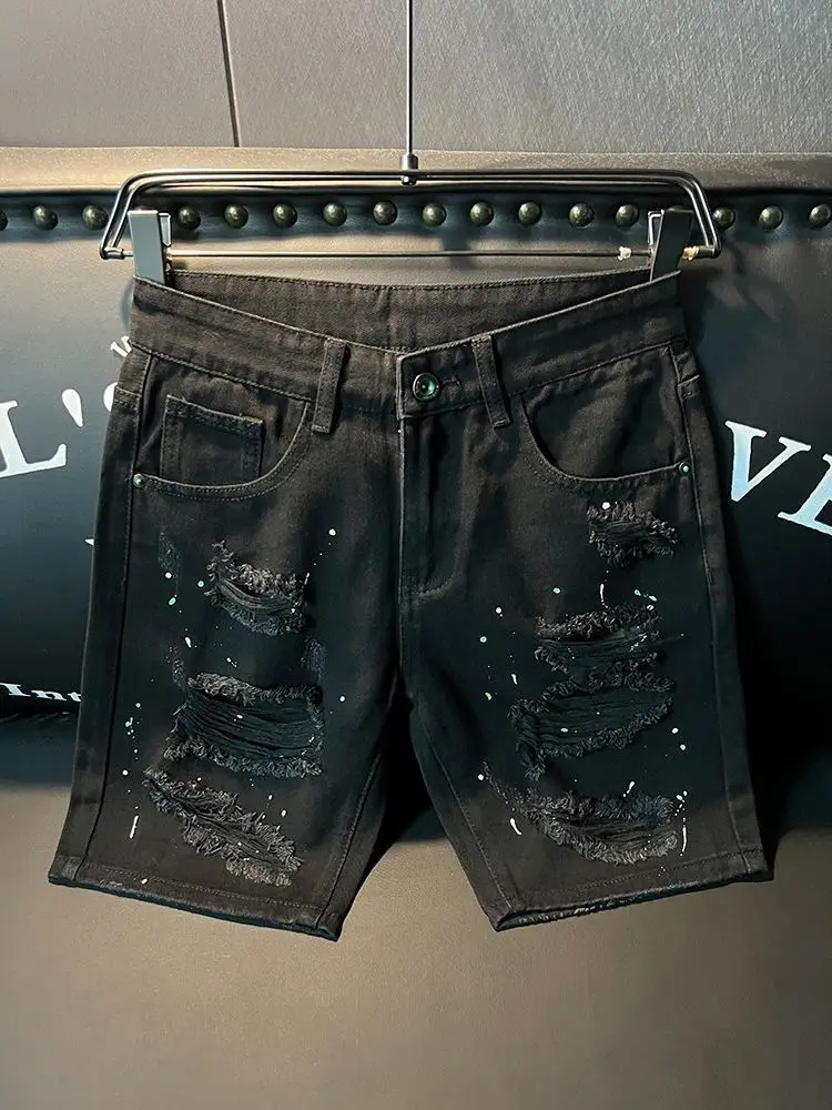Ripped Denim Shorts Men's Black Summer New Slim and Straight-fitting Korean Style Trendy Versatile Five-point Pants