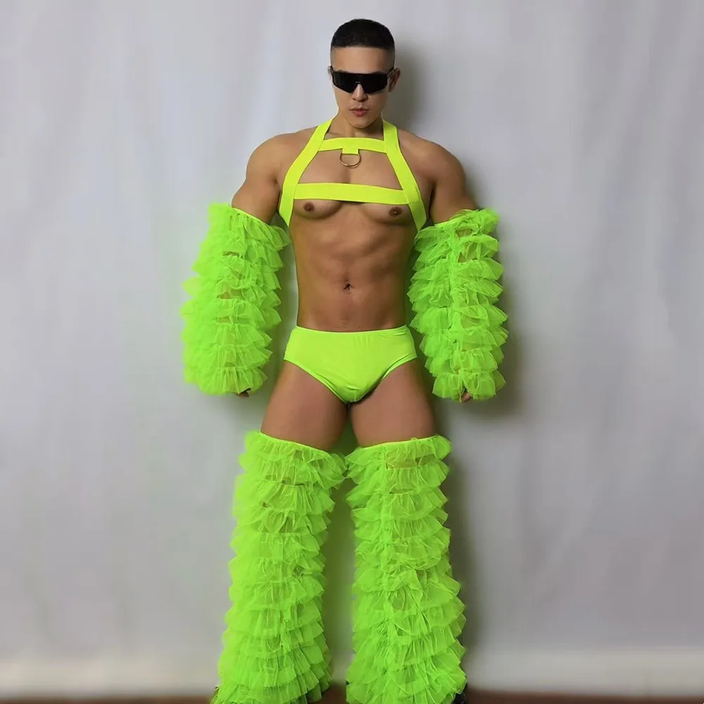 الفلورسنت الأخضر الشاش 4 قطعة مجموعة مهرجان حفلة كرنفال عرض الهذيان الزي ملهى ليلي DJ راقصة مجموعة أداء المرحلة زي