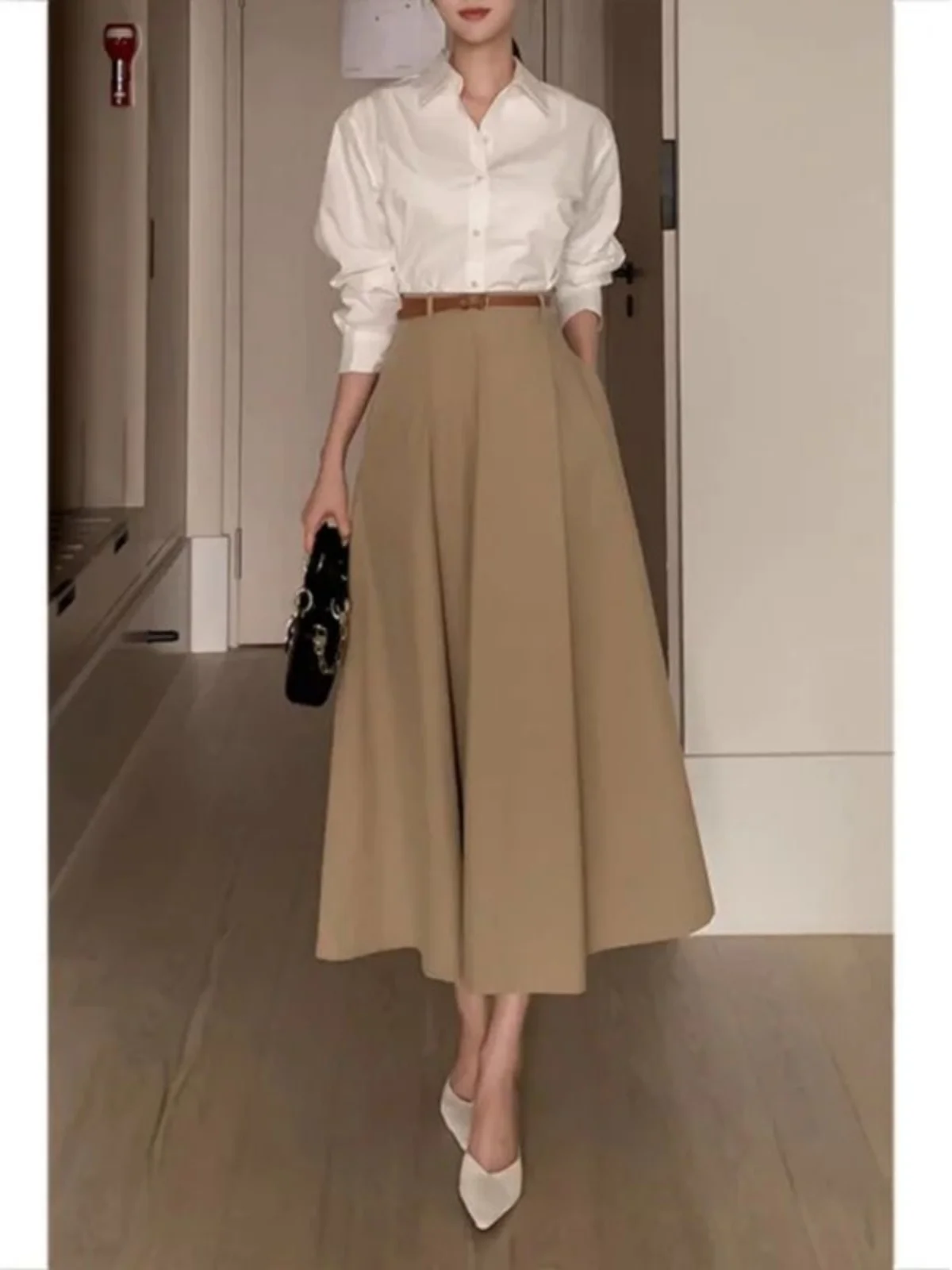 

High Waist Pure Color Swing Skirt A-Line Midi Skirt for Women 8-24 Years Old Loose Fit Regular Thin Winter Collection
