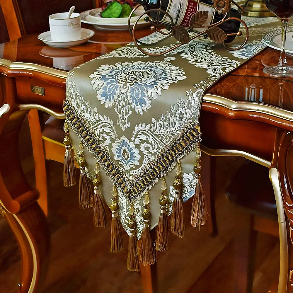 

Embroidery Luxury Table Runner Jacquard Fabric Table Runner with Multi-Tassels for Dining Room Dresser Wedding Party Decorations