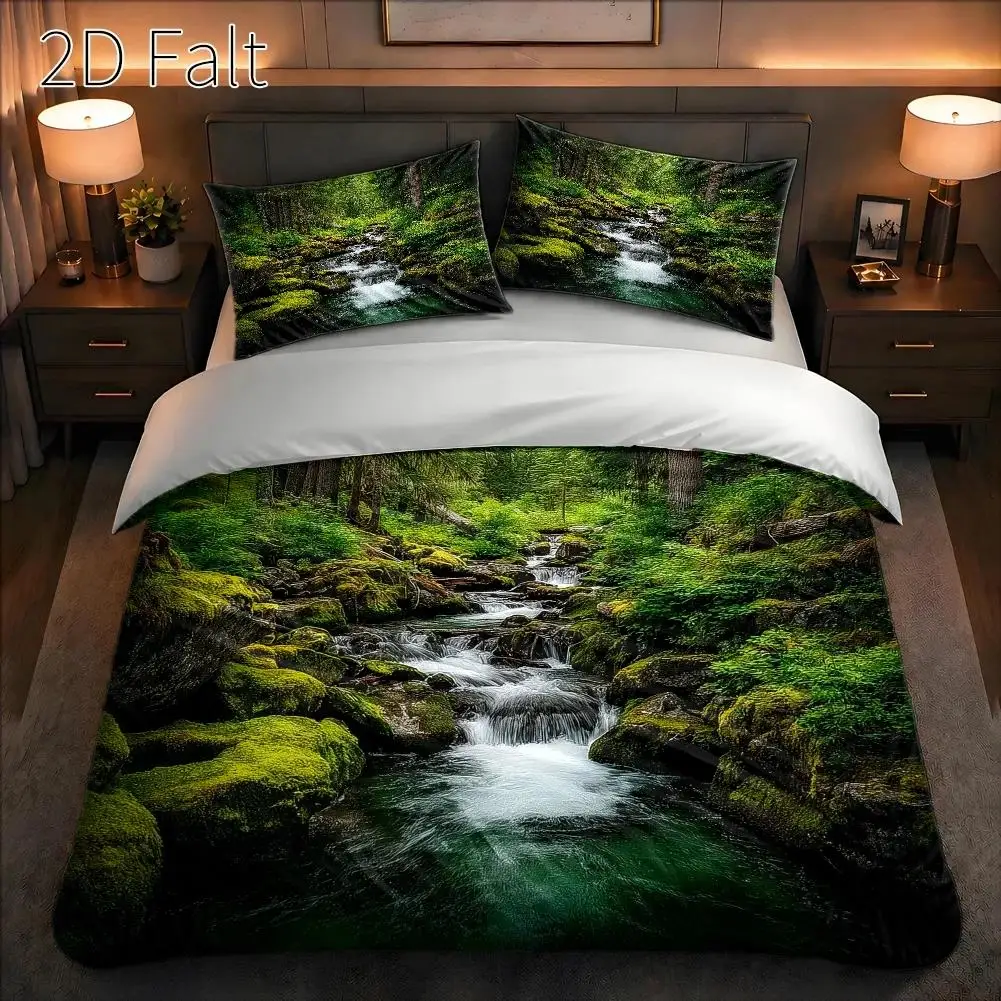 3-Piece Duvet Cover Set, 1 Duvet Cover + 2 Pillowcases (Without Filling) 2D Flat Printing, Duvet Cover Set of Three, Forest and River Theme, Surreal Style, Nature-Friendly, Suitable for All Seasons, Machine Washable, Invisible Zipper, Large Duvet Cover Set, Bedding Set, Fresh and Natural, Eco-Friendly Materials, Antibacterial and Anti-Mite, Home/Dormitory