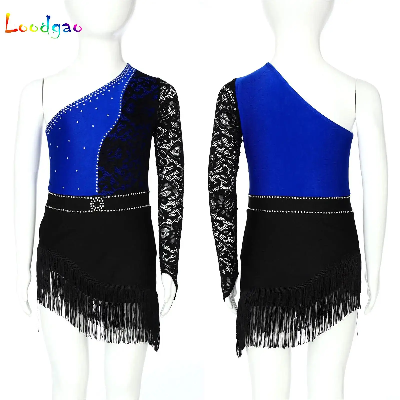 

Kids Girls Latin Dress Lace One Long Sleeve Tassels Figure Skating Bodysuit Dancewear Samba Rumba Jazz Cha Cha Dance Costume