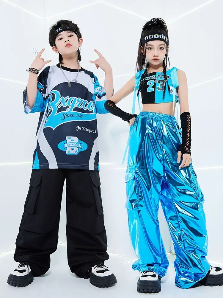 Kids Street Dance Costumes Boys Hip Hop T-shirt PU Leather Shiny Cargo Pants Girls Cool Crop Top Streetwear Child Jazz Clothes