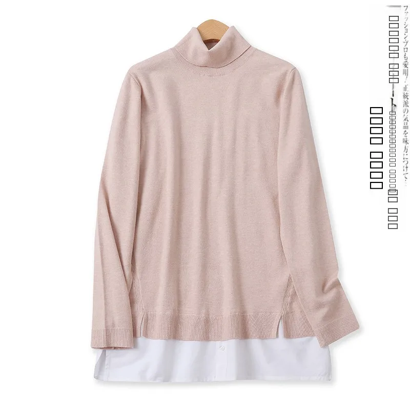 

High Collar Long Sve Knitted Sweater Women's Autumn New Sle Loose Fit Versatile Medium Length Fake Two-Piece Slimming Top