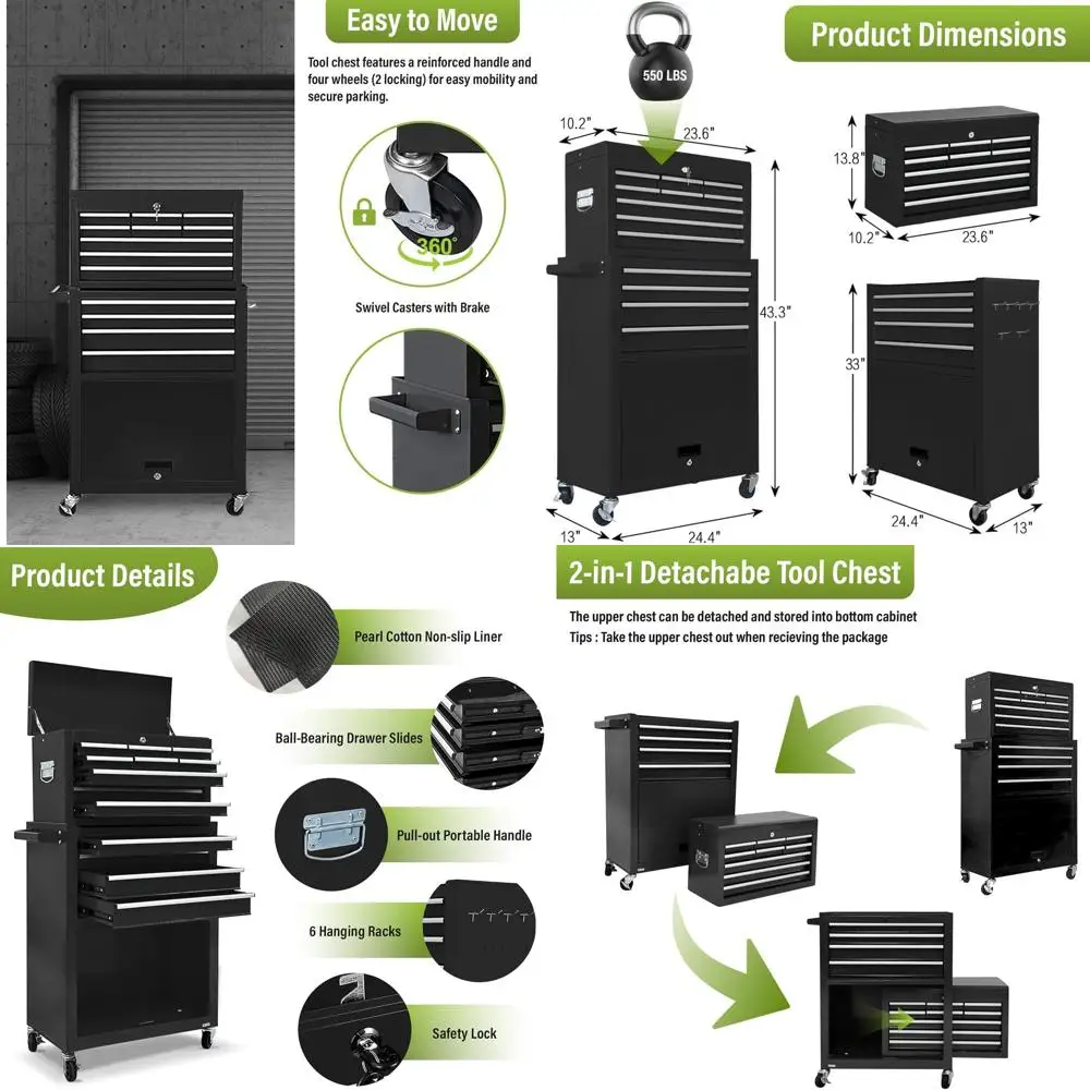 

13 Drawer Rolling Tool Chest, Detachable 2-in-1 Toolbox with Drawers, Lockable Metal Cabinet for Garage Workshop (Black)