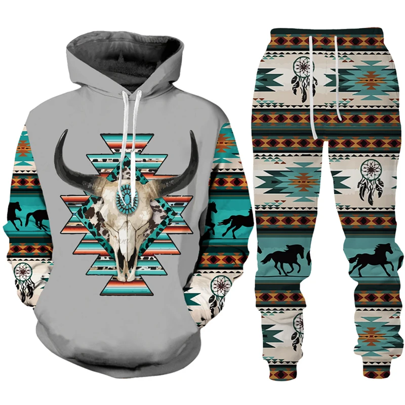 Vintage Tribal Cow Print Tracksuit Set Man Woman Hoodie+pants 2PCS Set Fashion Casual Western Cowboy Hip Hop Streetwear Clothes