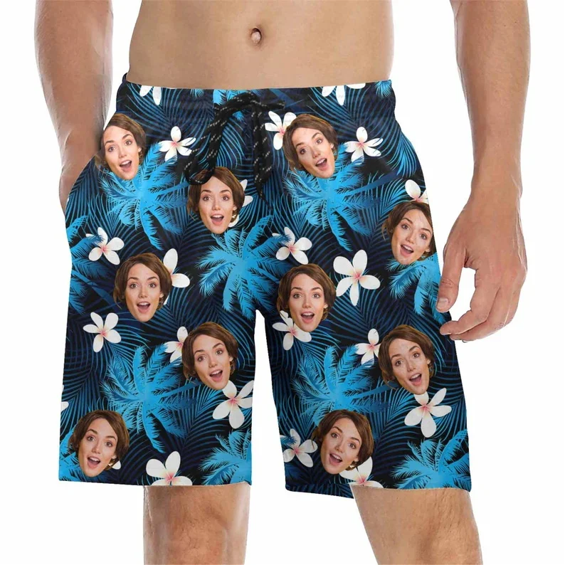 

Custom Face Print Men's Beach Shorts Personalized Photo Tropical Palm Tree & Flower Graphic Quick Dry Swim Trunks For Vacation