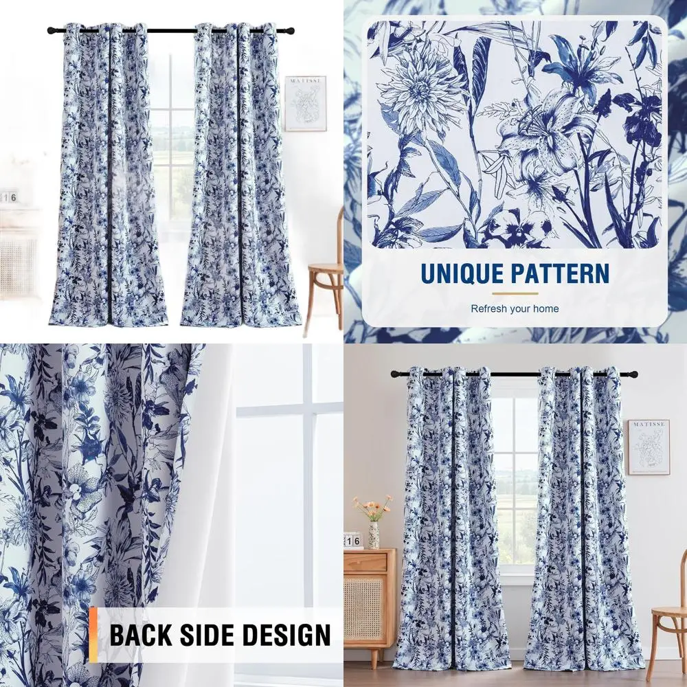 

Термоизолированные шторы с цветочным принтом — 96 французских Jouy Flora Blue для гостиной и спальни