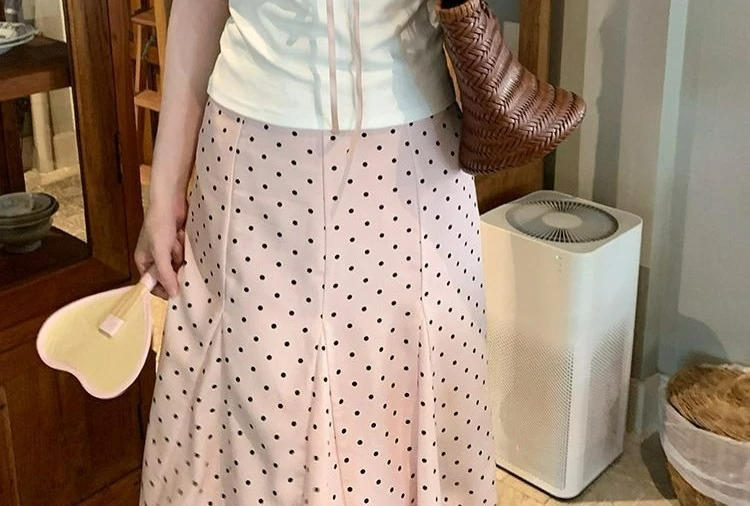 Design Sense Polka Dot Skirt Medium and Long Skirt Huge A-shaped White Short-sleeved T-shirt Set Female Summer