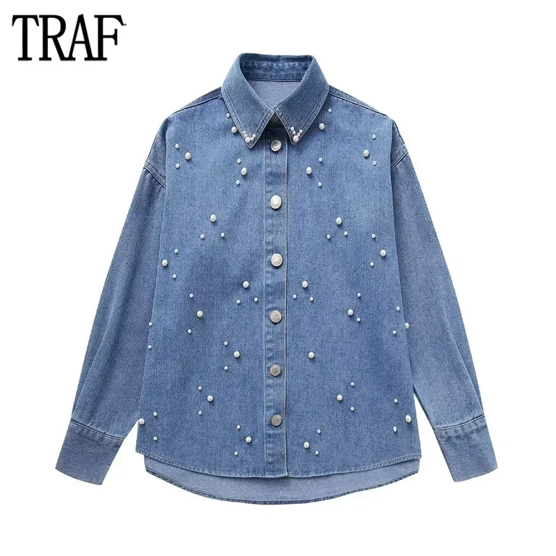 

TRAF 2024 Blue Denim Shirts For Women Faux Pearls Long Shirt Woman Collared Autumn Button Up Cheap Blouses Jean Long Sleeve Top