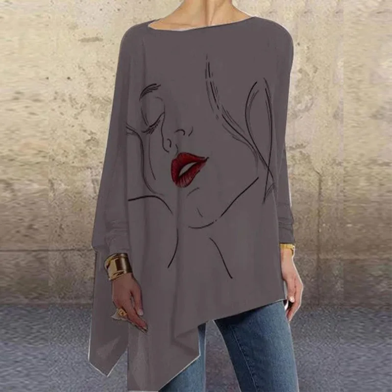 

Tees Shirt Women Autumn Spring Loose Tops Abstract Face Printing Full Sleeves Clothing Ladies Elegant O Neck Tees 2020 Fashion