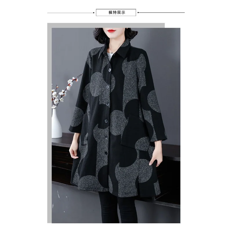 レディース新作ステッチ入りポロ襟ボタンプリントファッションゆったり万能カジュアル長袖トレンチコート