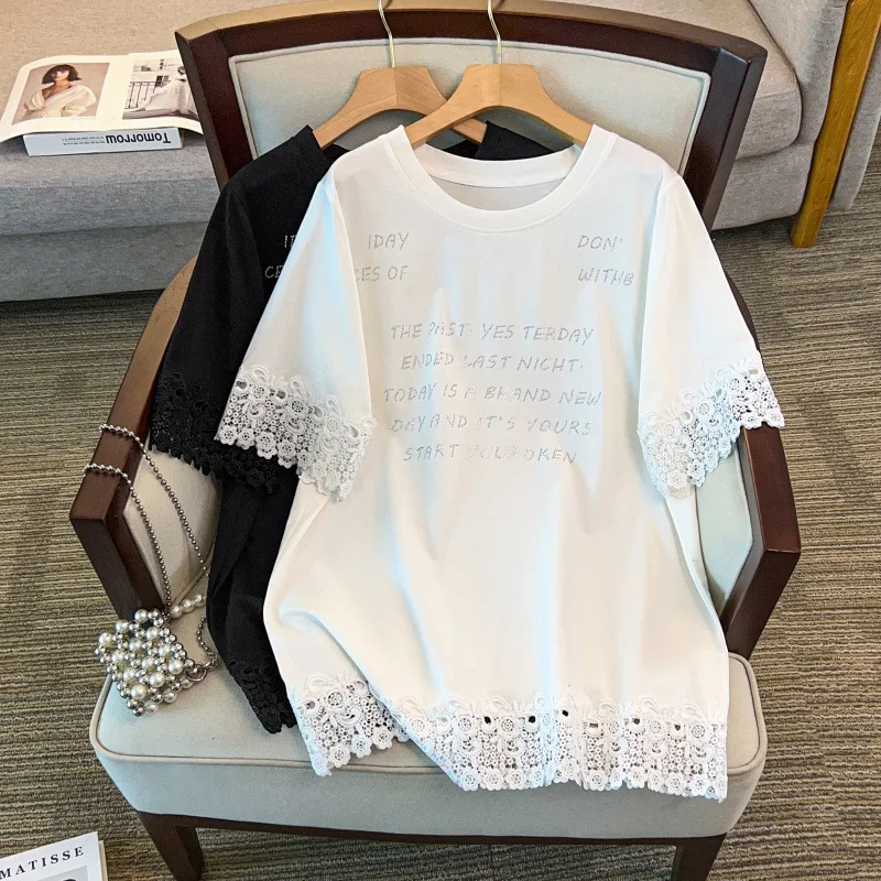 

Женская футболка больших размеров (до 170 кг) с круглым вырезом, свободного кроя, с коротким рукавом, летняя, с кружевом, размеры 4XL, 5XL, 6XL, 7XL, 8XL, 9XL