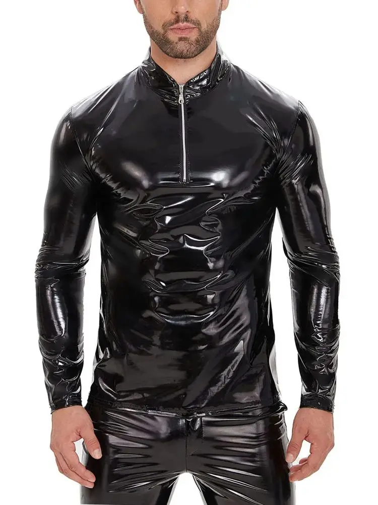 S-7XL Wet Look PVC Long Sleeve T Shirt Zipper Stand Collar Jocket Shiny PU Leather Tshirt Hip Hop Performance Clubwear Tops Tees