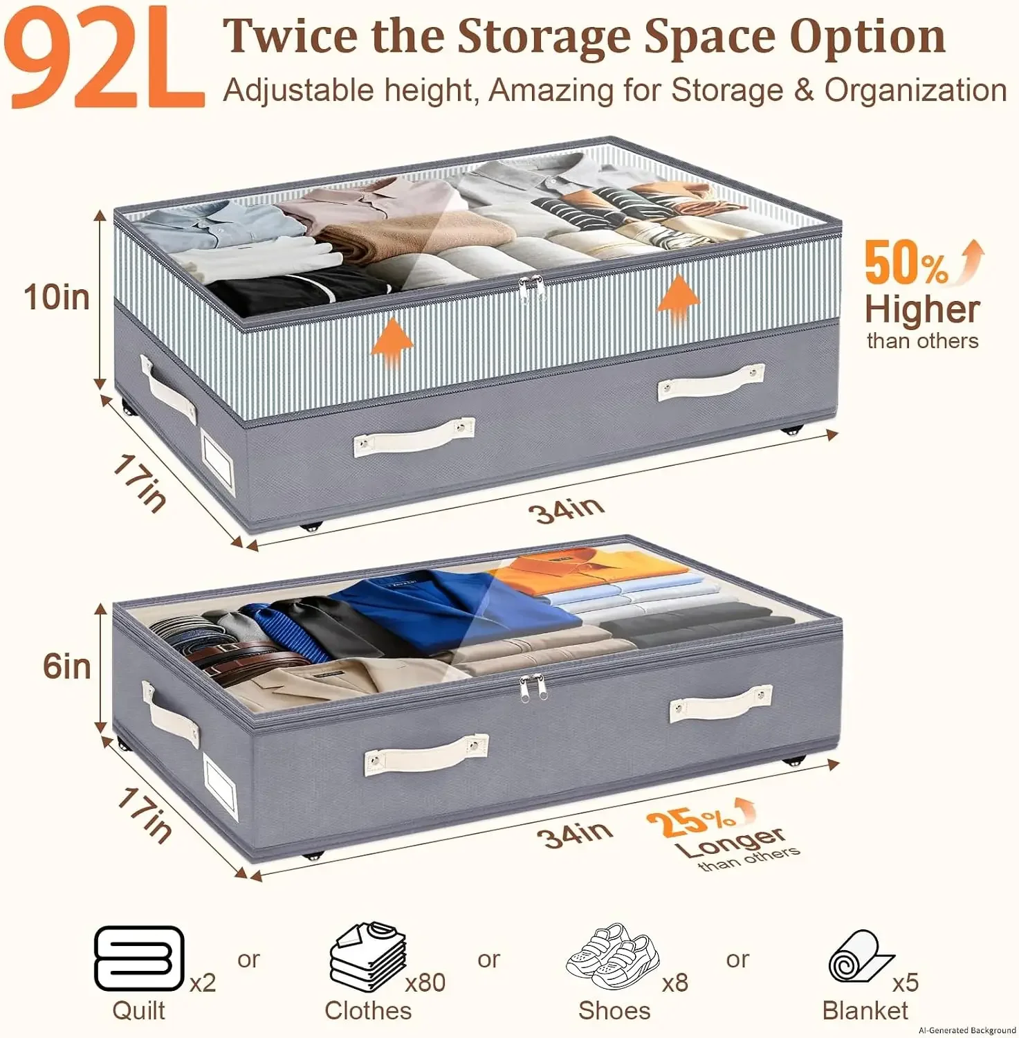 4 Pack Under Bed Storage with Wheels, 6in-10in Height Adjustable Underbed Storage Containers, 92L XXXL Under Bed Drawers