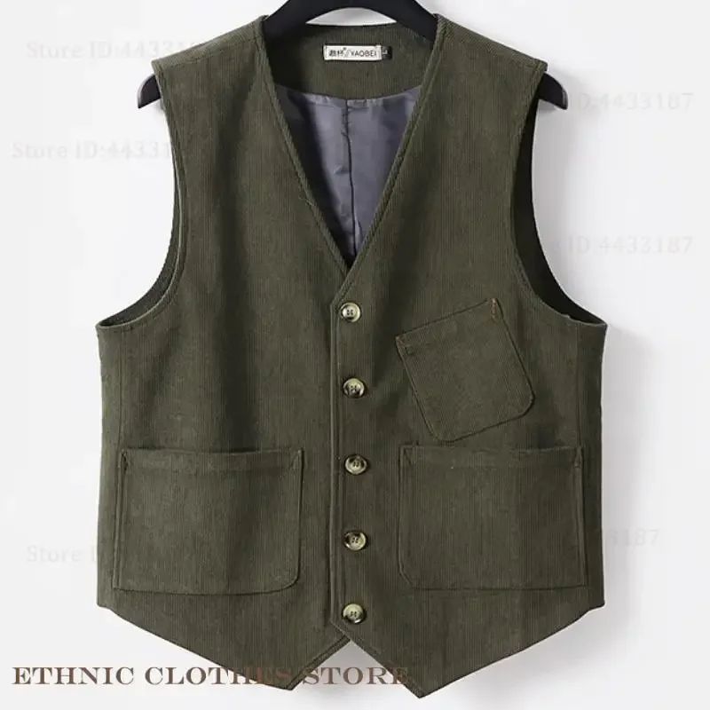 

Retro Corduroy Vest Large Sixe 8XL 9XL Men's Formal Suit Vest V-Neck Single Breasted Buttons Waistcoat with Pockets Jacket Coat