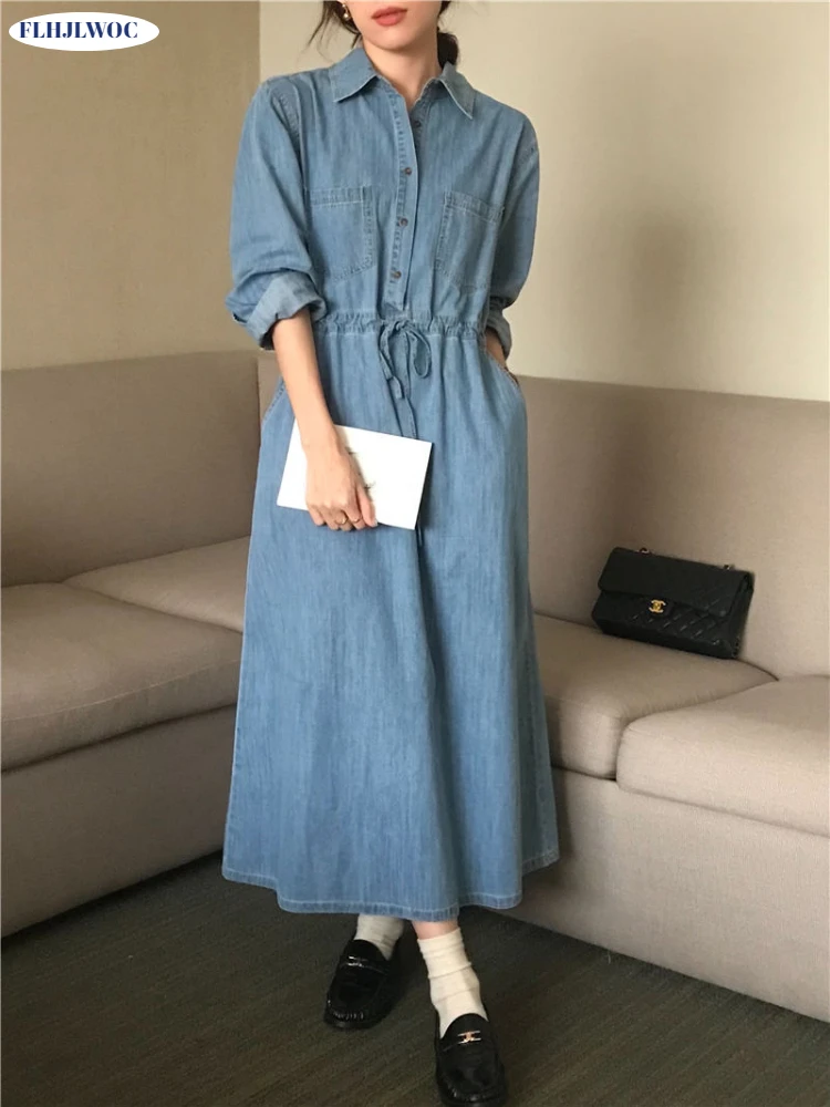 Denim Dresses New Design Woman Casual Cute Sweet Korea Chic Style Girls Retro Vintage Cotton Jeans Blue Long Denim Shirt Dress