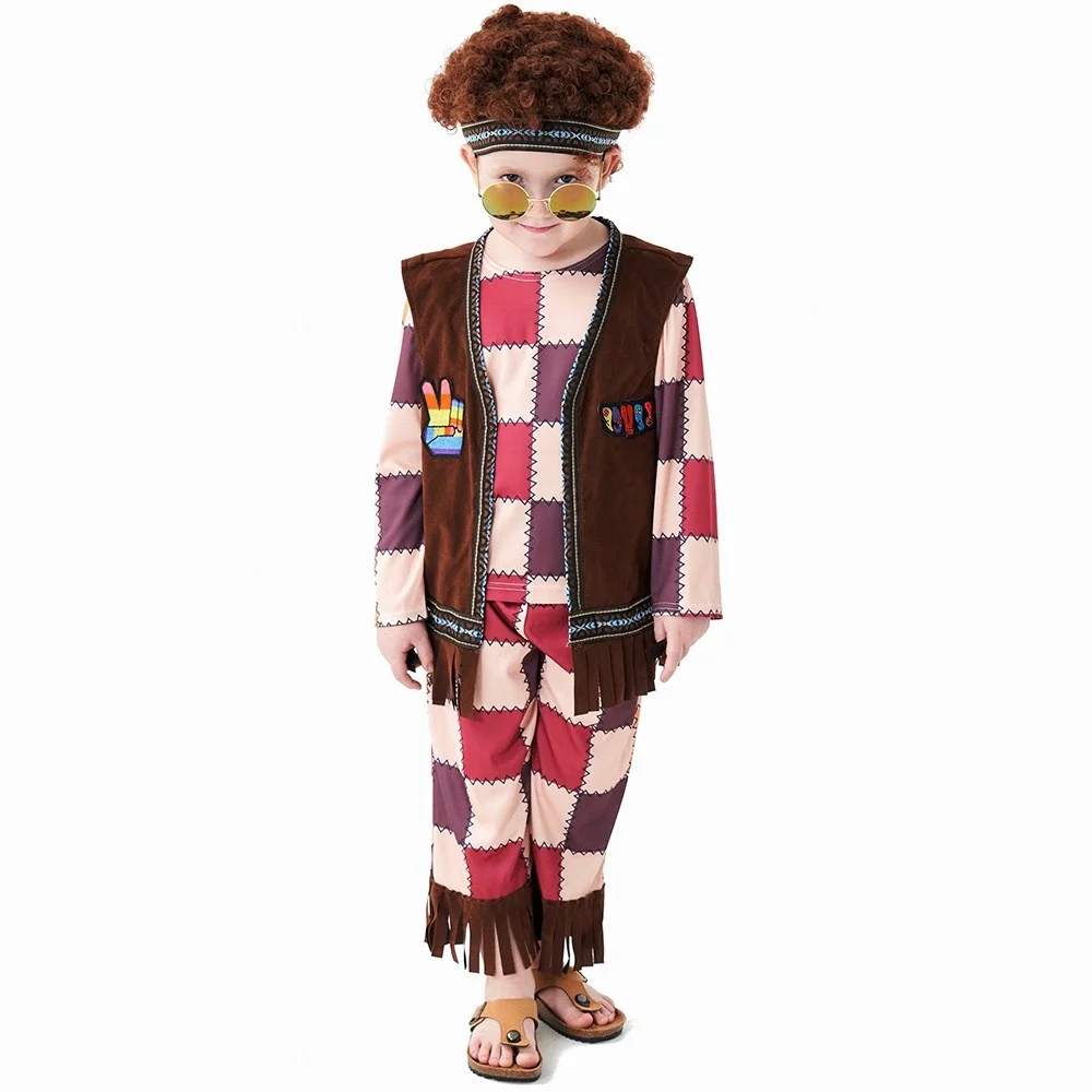 Disfraz de Halloween para Niños, Estilo Disco Retro de los 70, Hippie, Camisa a Cuadros para Actuación de Baile, Estilo Hip Hop, Fibra de Poliéster