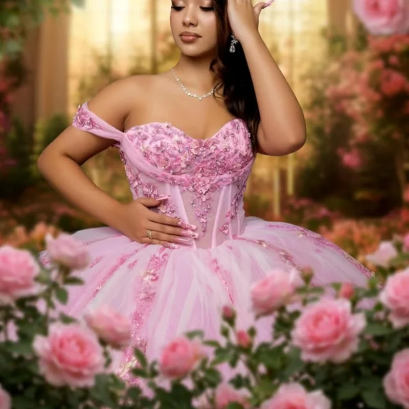 

Light Pink Quinceanera Dresses Off the Shoulder Glitter 3D Flower Decal Crystal Long tail Vestido De 15 Quinceanera Customize
