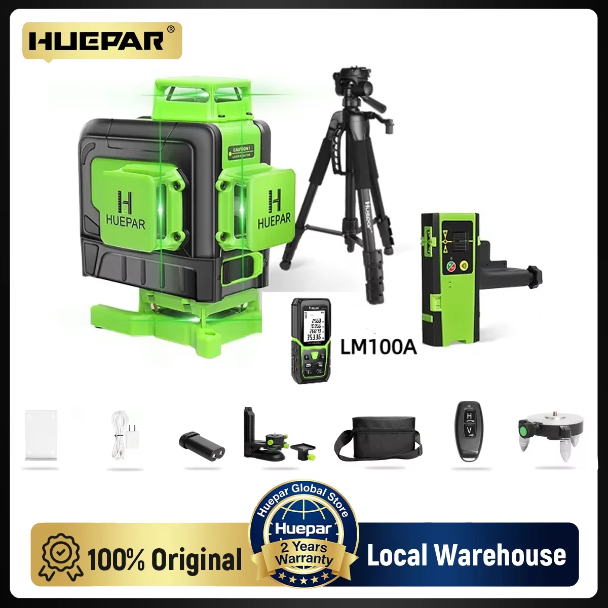 Huepar 4D 16 Lines Green Laser Level Vertical and Horizontal Self-leveling with Remote control &Li-ion battery Floor Laser Tool