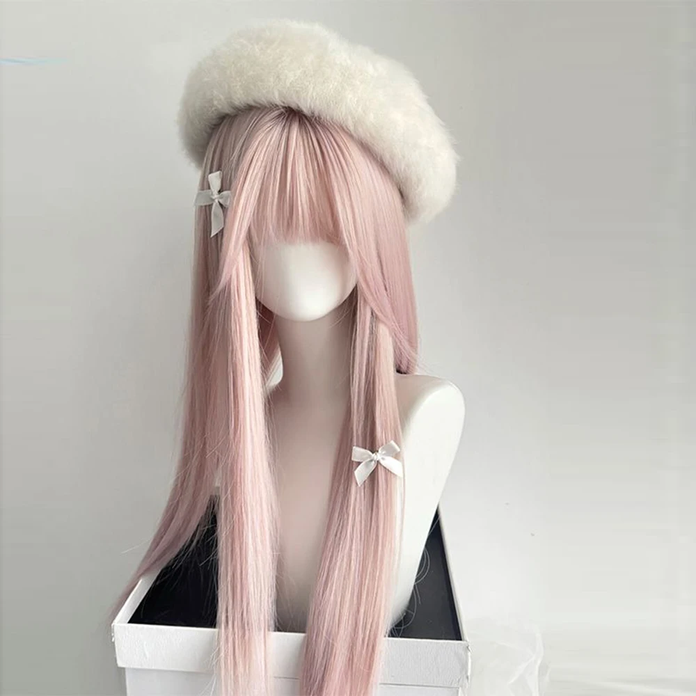 Peluca rosa, pelo largo, cabeza simulada de pelo artificial, accesorios de juego de anime, Cosplay, tocado, pelo liso, accesorios para espectáculo de fotos