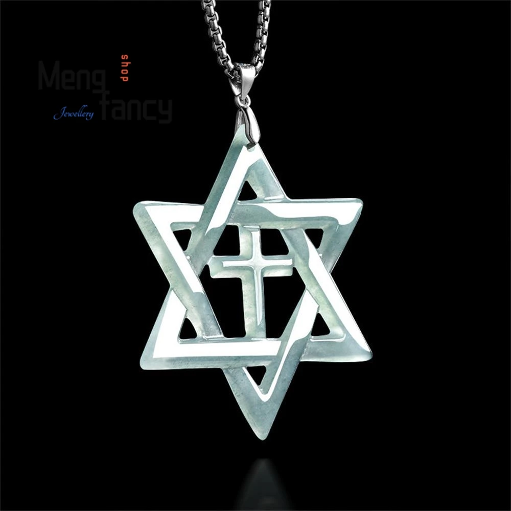 

Authentic Natural A-grade Jadeite Blue Water Hexagram Cross S925 Silver Buckle Ice Seed Jade Pendant Luxury Fashion Fine Jewelry
