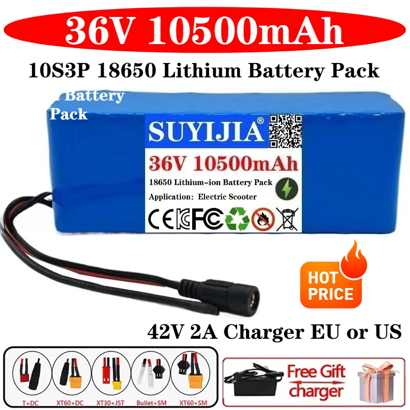 

18650 10S3P 36V 10500mAh Rechargeable Lithium Battery Pack 500W Power Modified Bicycle Electric Scooter Vehicle BMS +42V Charger
