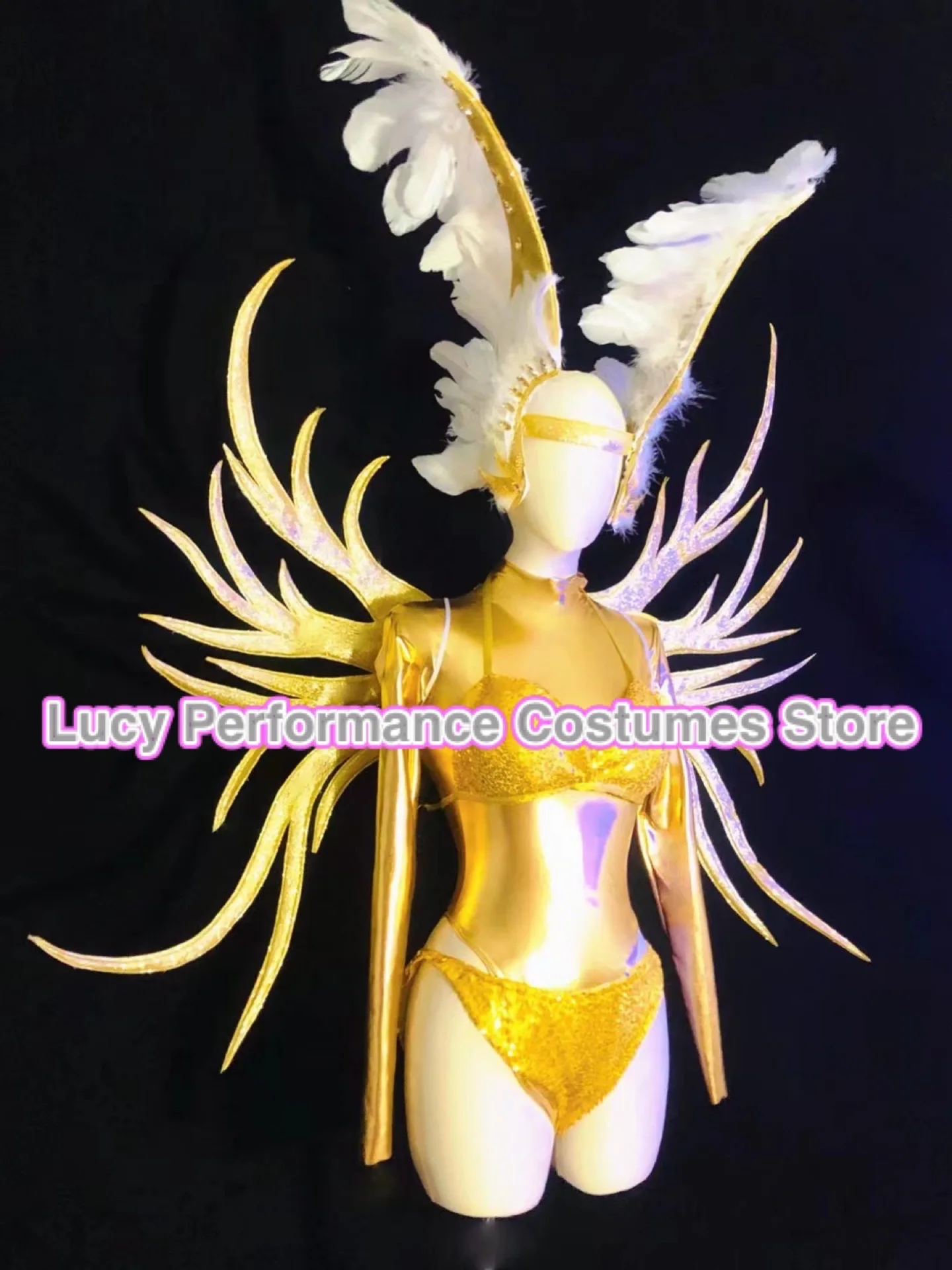 

Nightclub bar golden wings feather angel gogo performance clothes female DJ nightclub partygirl sexy performance clothes