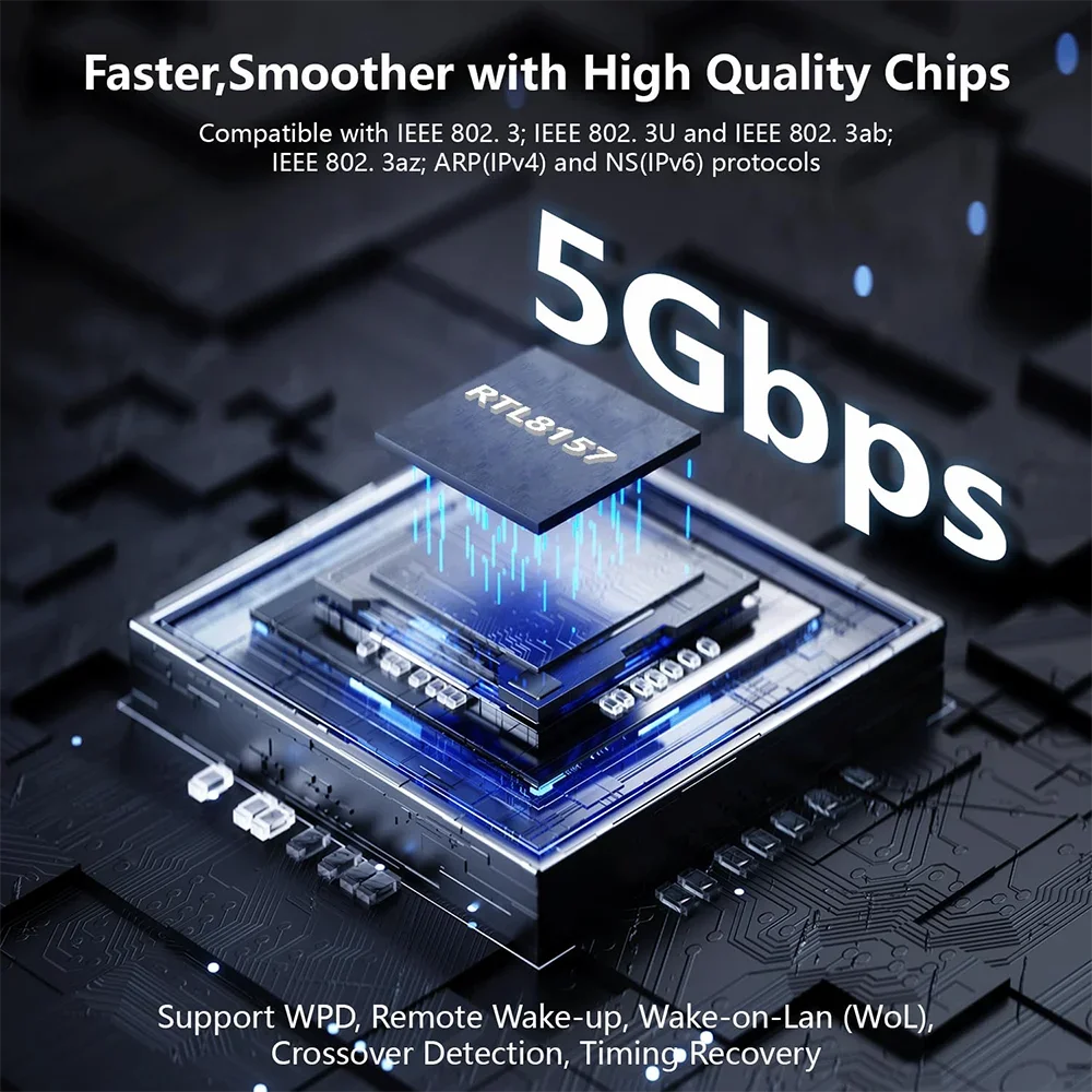 2.5GbE 5GbE Adapter IEEE 802.3bz External Wired Network Card for NAS Laptop PC Support 5000Mbs, 2500Mbps, 1000Mbps, 100Mbps