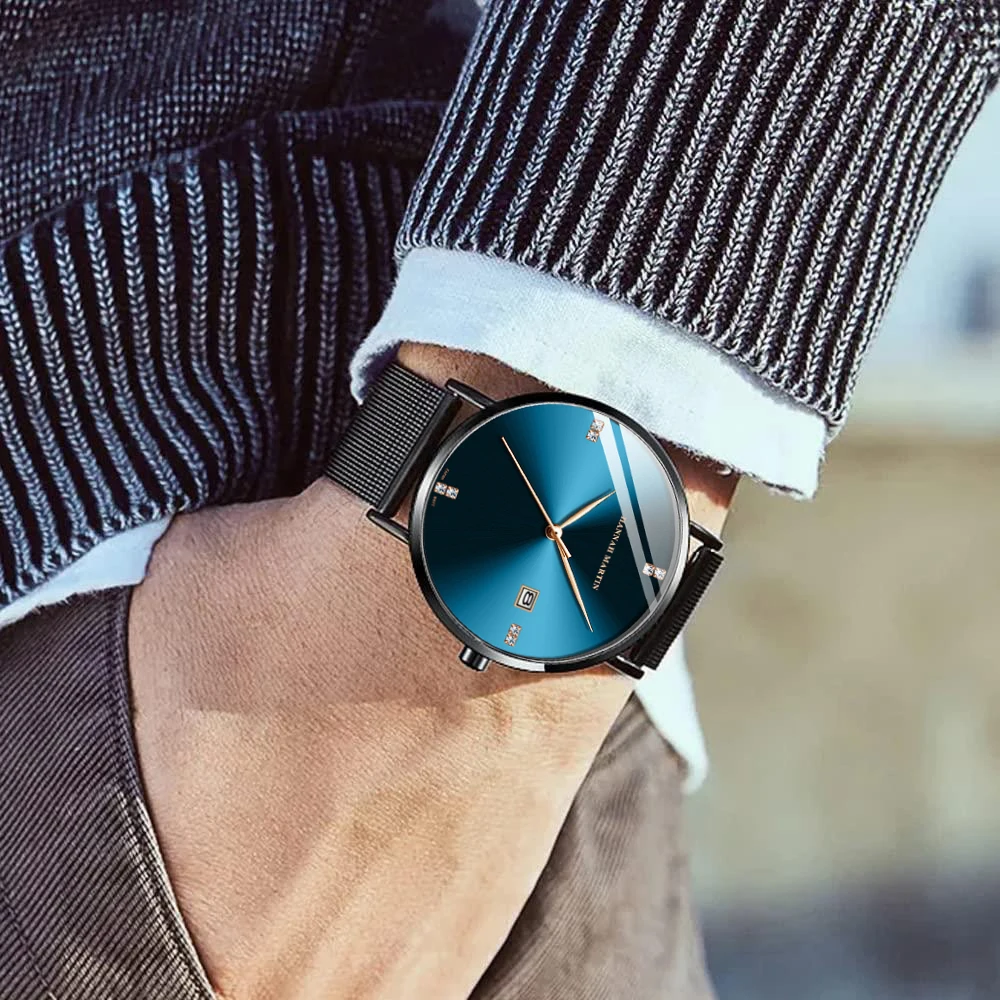 ساعة رجالية من حجر الراين عصرية فاخرة على طراز الأعمال 40 ملم بمينا بسيط وحزام شبكي من الفولاذ المقاوم للصدأ ساعة حركة كوارتز يابانية