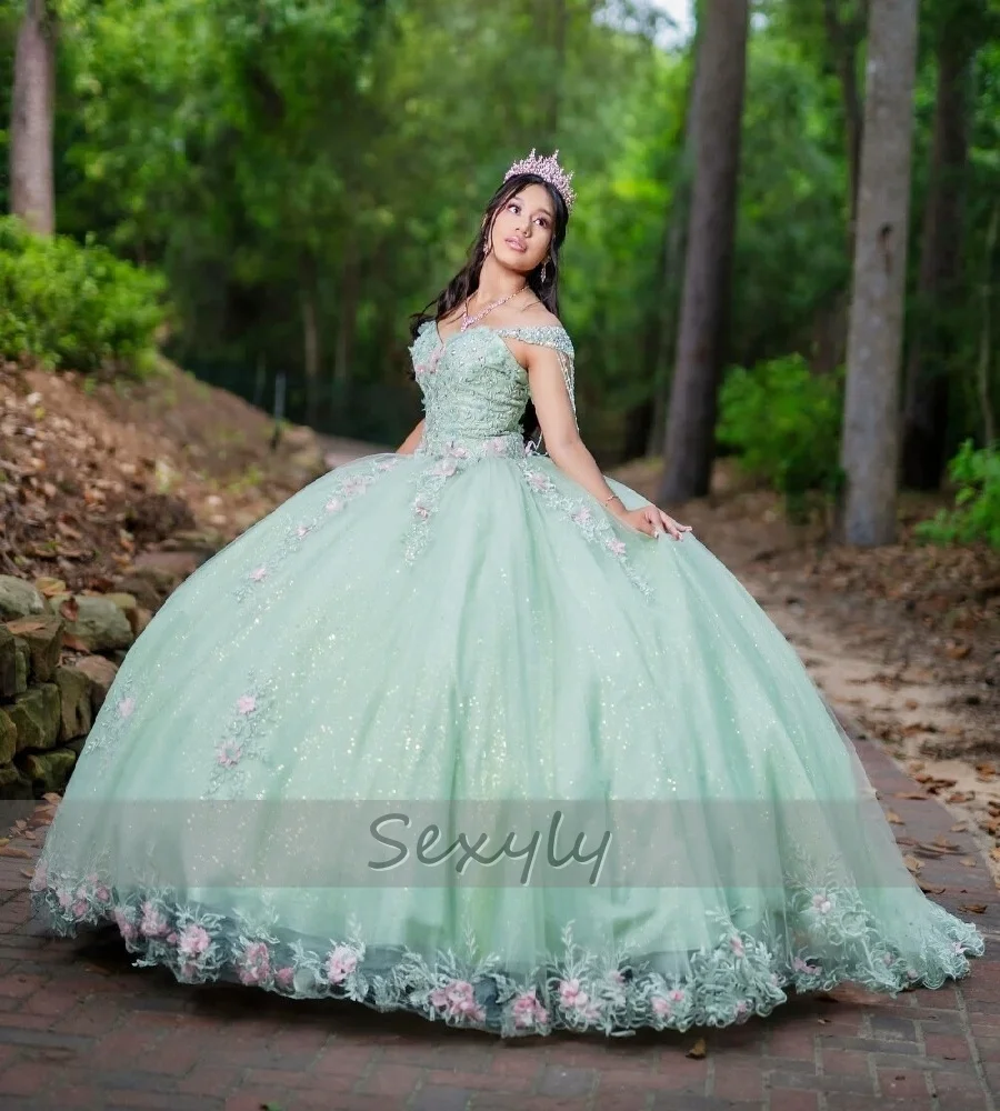 Glitter verde salvia Vestidos De 15 Quinceañera sin hombros Cenicienta vestido De fiesta De cumpleaños Vestidos De 15 Xv Años personalizado