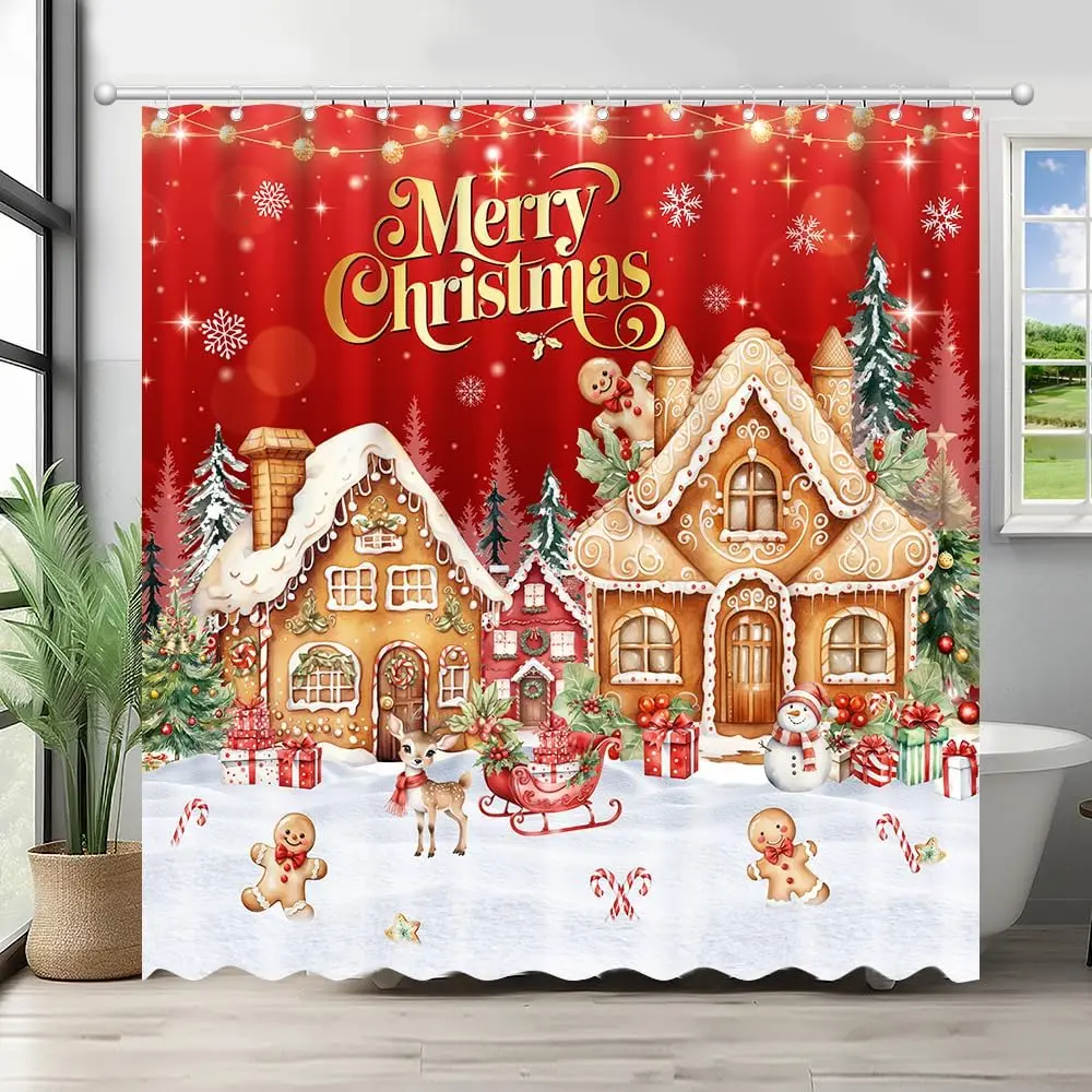 

Merry Christmas Gingerbread House Shower CurtainCandy House Gingerbread Home Bathroom Decorations Santa Xmas Trees Bathtub