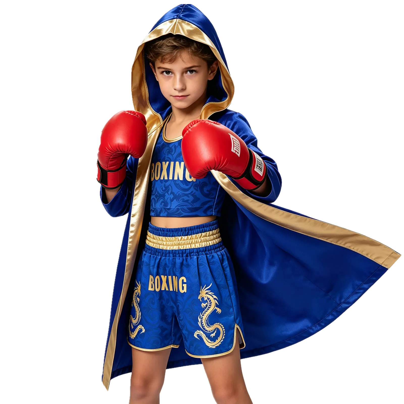 Kids Boys Girls Boxing Outfit Long Sleeve Hooded Robe with Belt Vest Shorts Halloween Theme Party Boxer Performance Costume