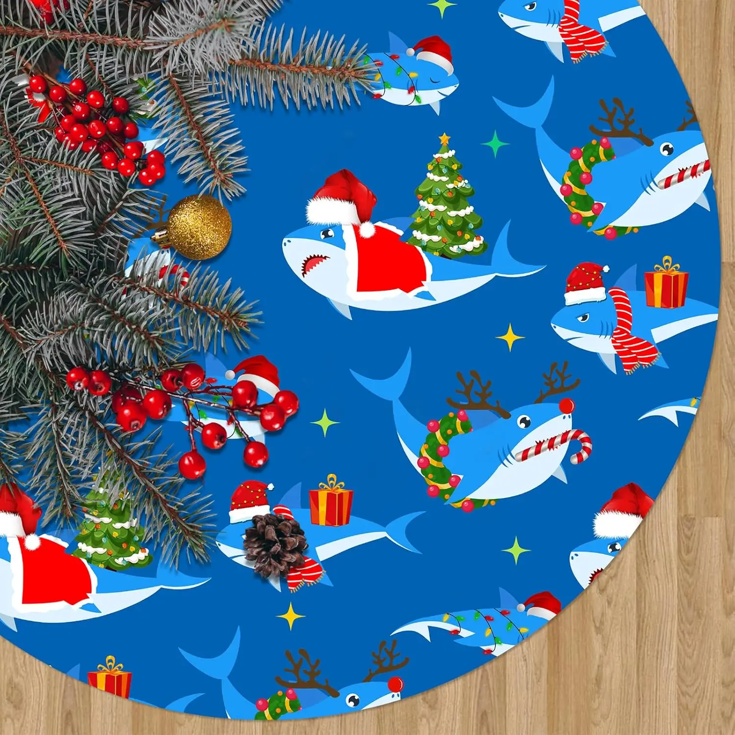 

Funmemoir Christmas Shark Tree Skirt for Boys Girls Blue Xmas Tree Decorations Under The Sea Ocean Animals Theme Party Supplies