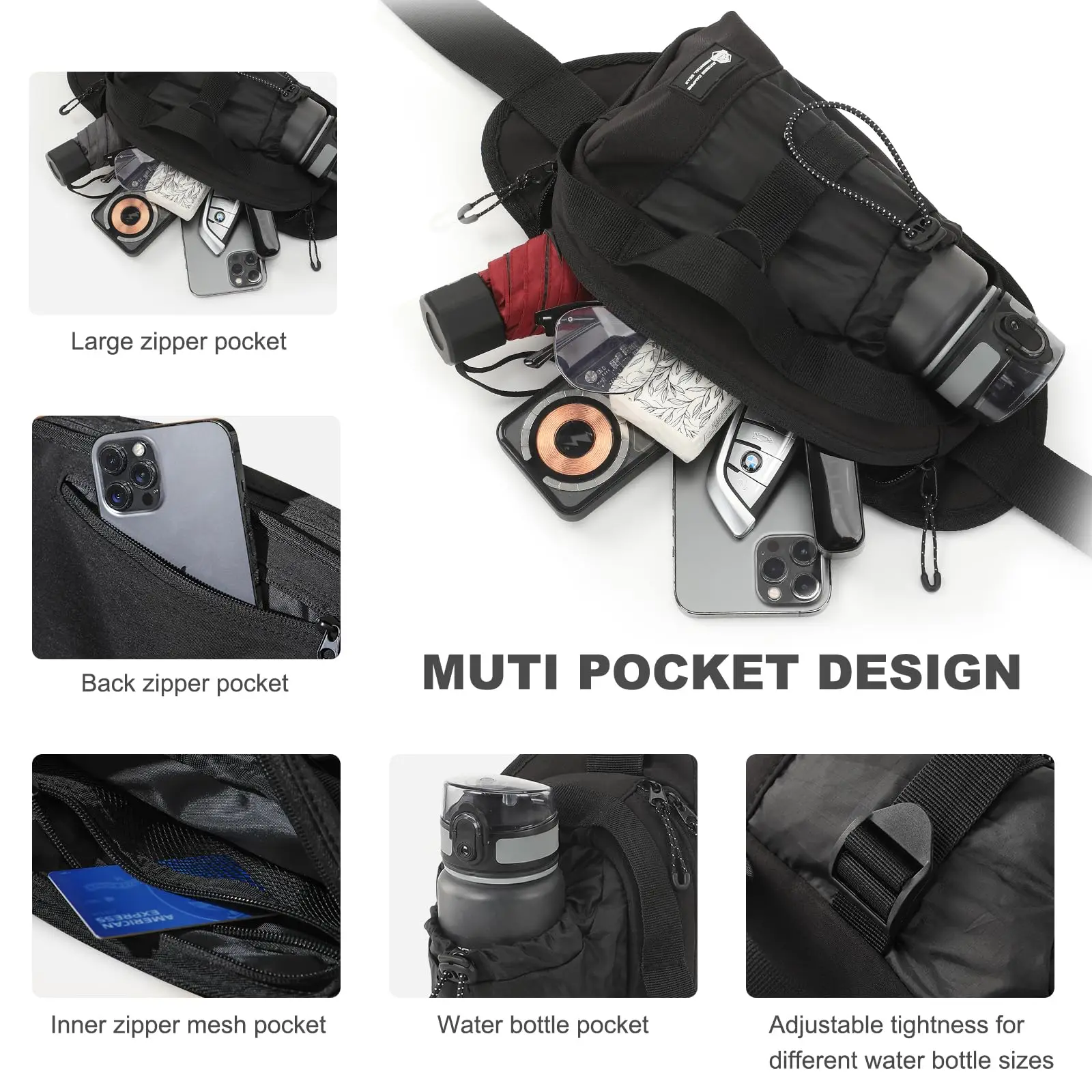 OCEGEAR Waist Pack with Water Bottle Holder for Men Women Chest Bag Running Waterproof for Outdoor Travel Cycling Climbing