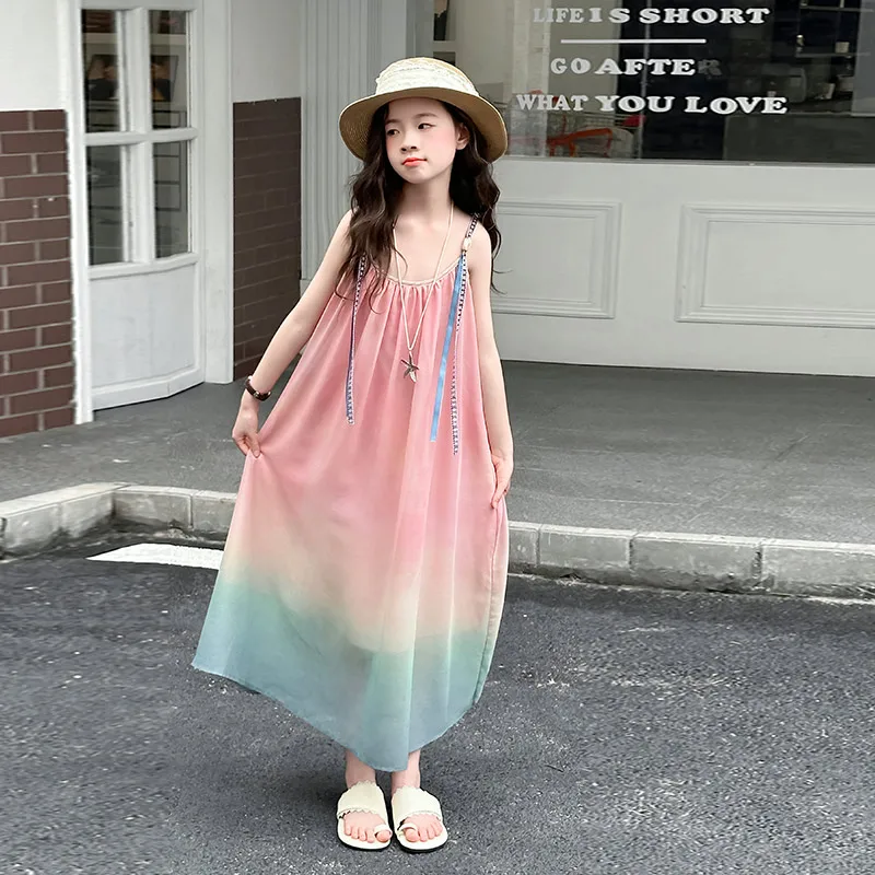 สไตล์ฝรั่งเศสเด็ก Designer Luxury Pink Gradient Beach Dress สําหรับสาว Elegant Vintage วันหยุดเสื้อผ้าเด็กชุดเดรสแขนกุด
