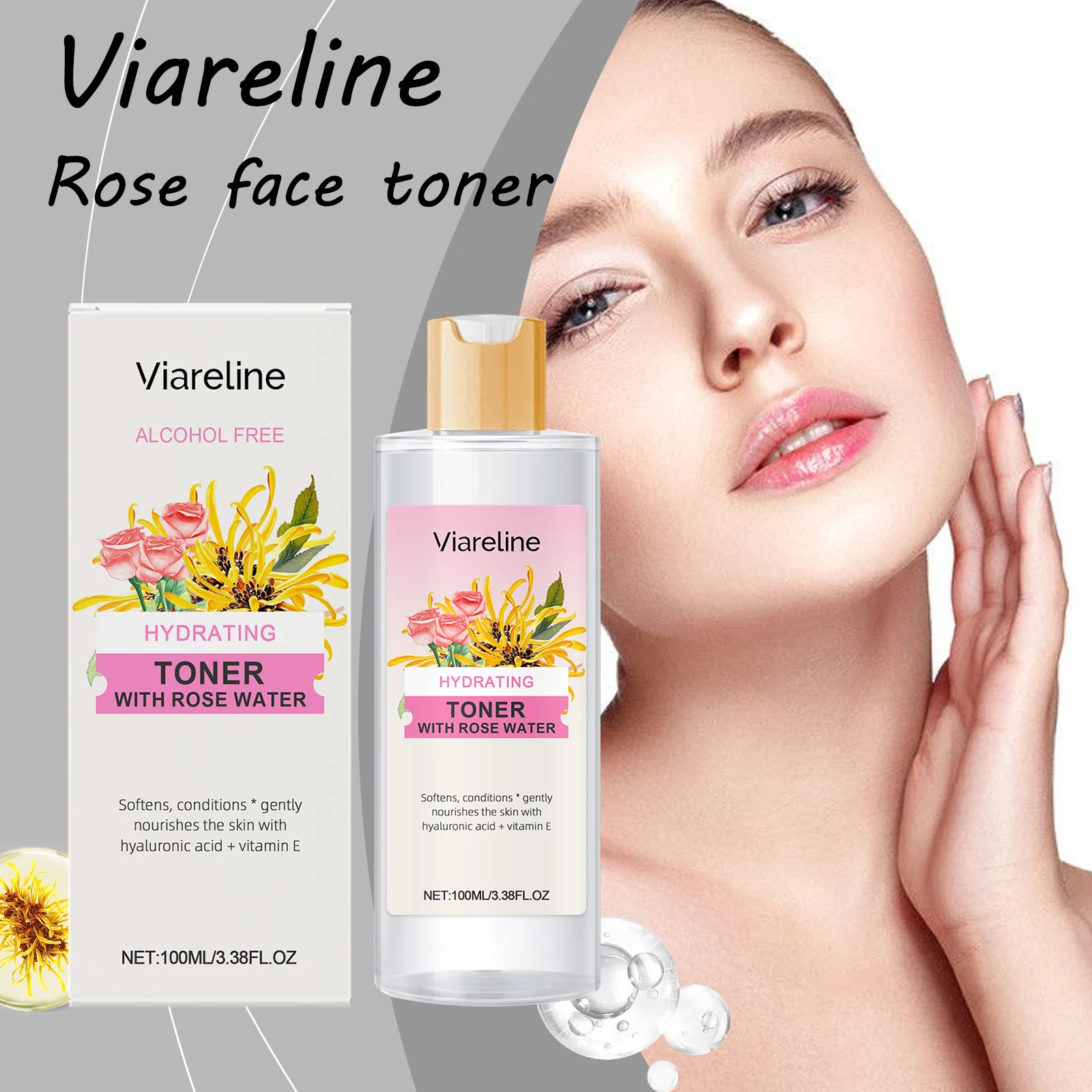 

Тоник для лица Viareline Rose, нелипкий, стойкий, увлажняющий, уменьшает сухость, осветляющий тон кожи, подтягивающий цветочный тоник для лица