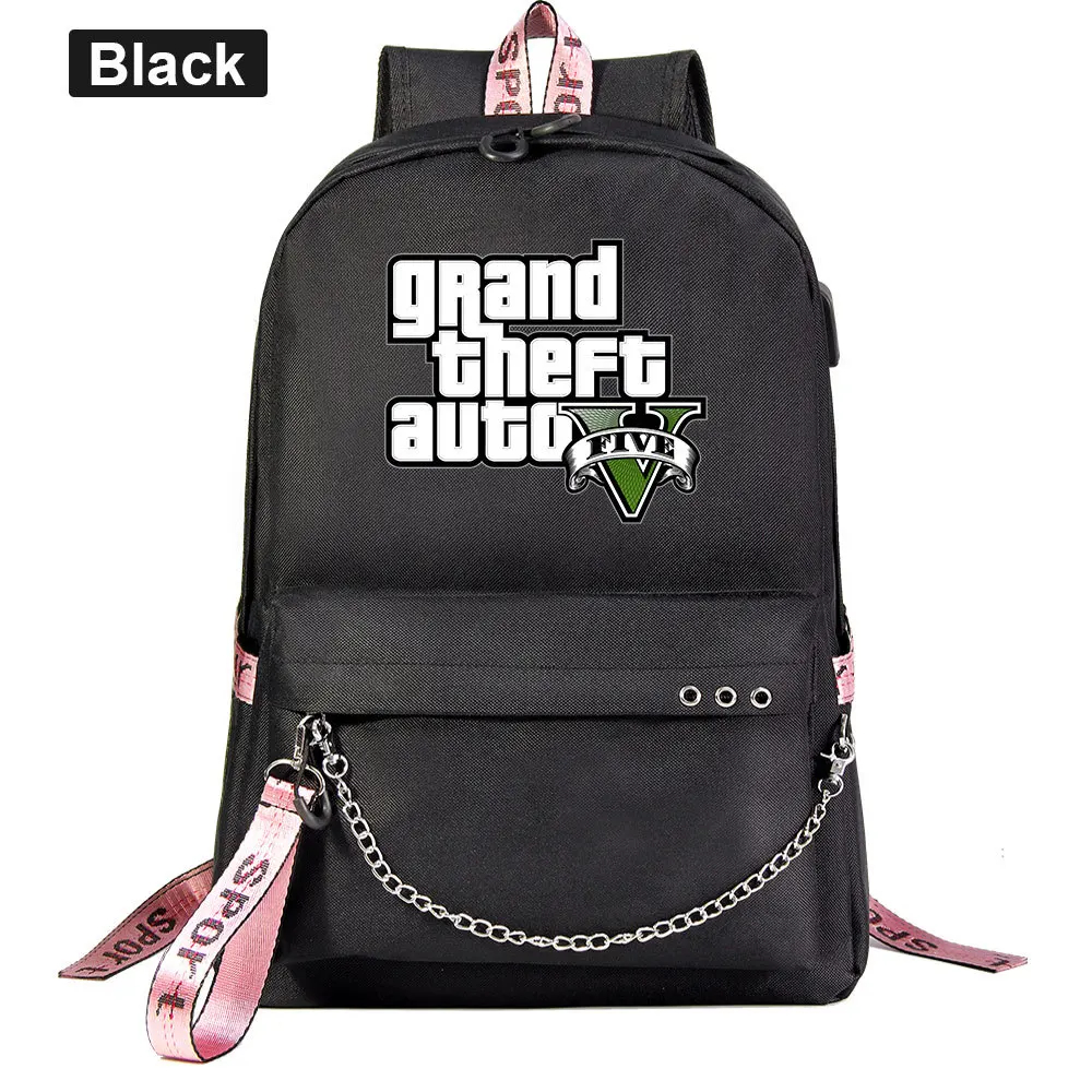 Grand Theft Auto USB Backpack School Bags Mochila Travel Bags Laptop Chain Backpack Headphone USB Port