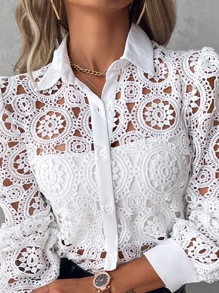 Lace Blouses For Women Elegant Office White Shirt Long Sleeve Button Turn-down Collar Sexy Hollow Tops Fashion Women\'s Clothing