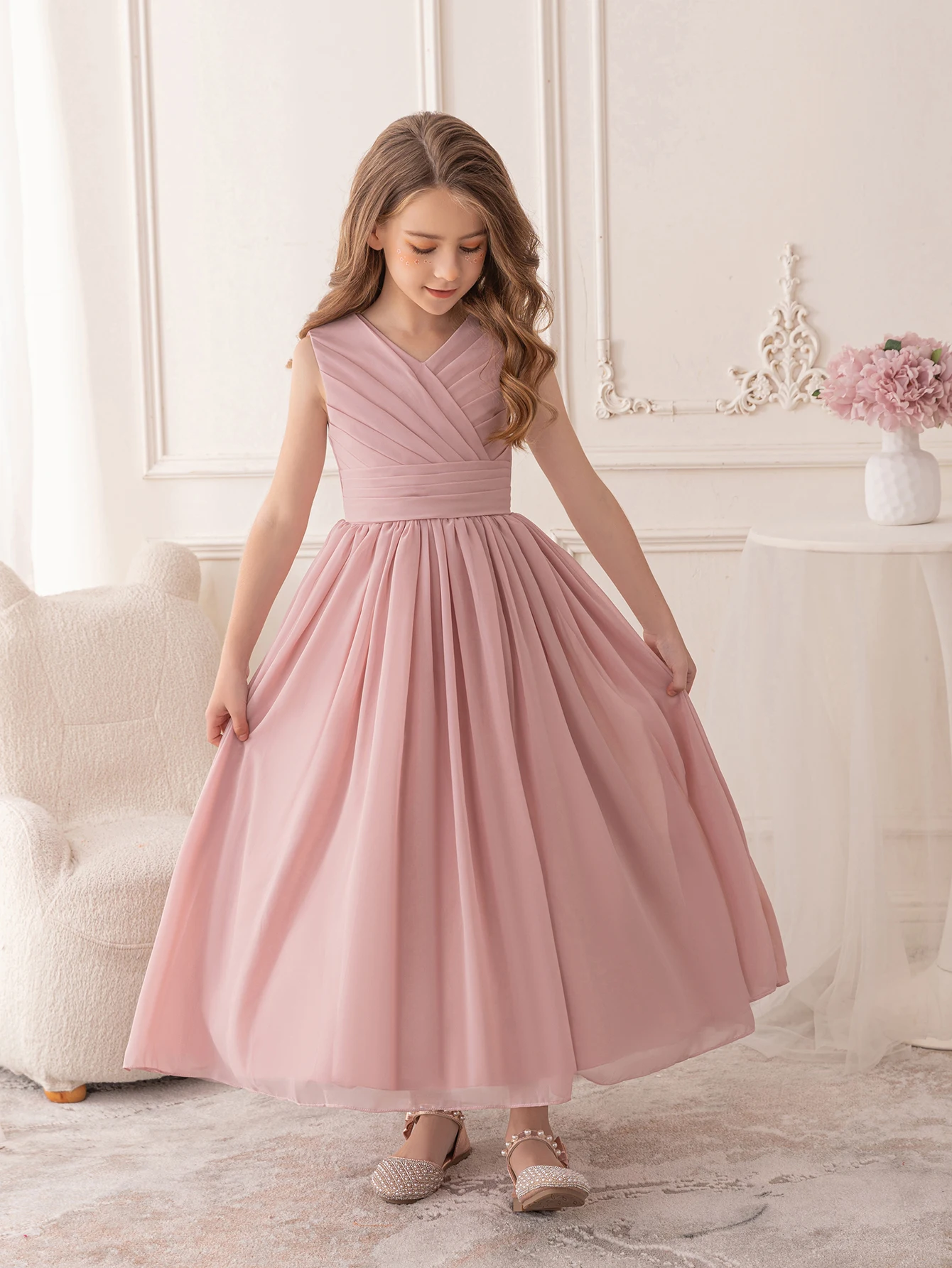 Tween Girls Pink Chiffon Dresses Wedding Party Long Dress Evening Gown Tween Girls Pink Chiffon Dresses Wedding Party Long Dress Evening Gown