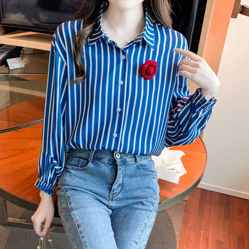 

Chiffon Women's Shirt Summer Vintage Stripes Blouses Trend 2024 Loose Polo-neck Korean Clothing Sales Long Sleeves Women Tops