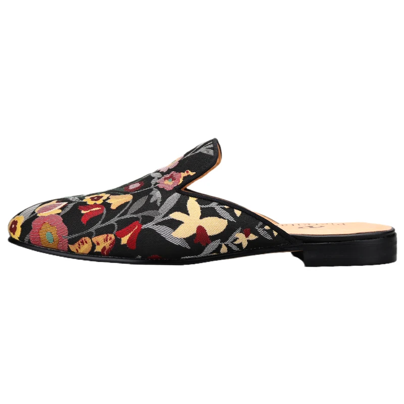 Piergitar Summer Model Multi-Color Florals Cotton Men's Mules Handmade Ethnic Style Slip-On Slippers Breathable Leather Insole