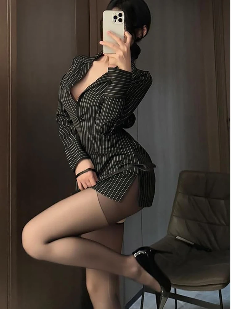 

Office Lady Cosplay Open Bra Role Play Lingerie Costumes Sexy Striped Shirt Office Lady Roleplay Uniform Shirt OL Secretary