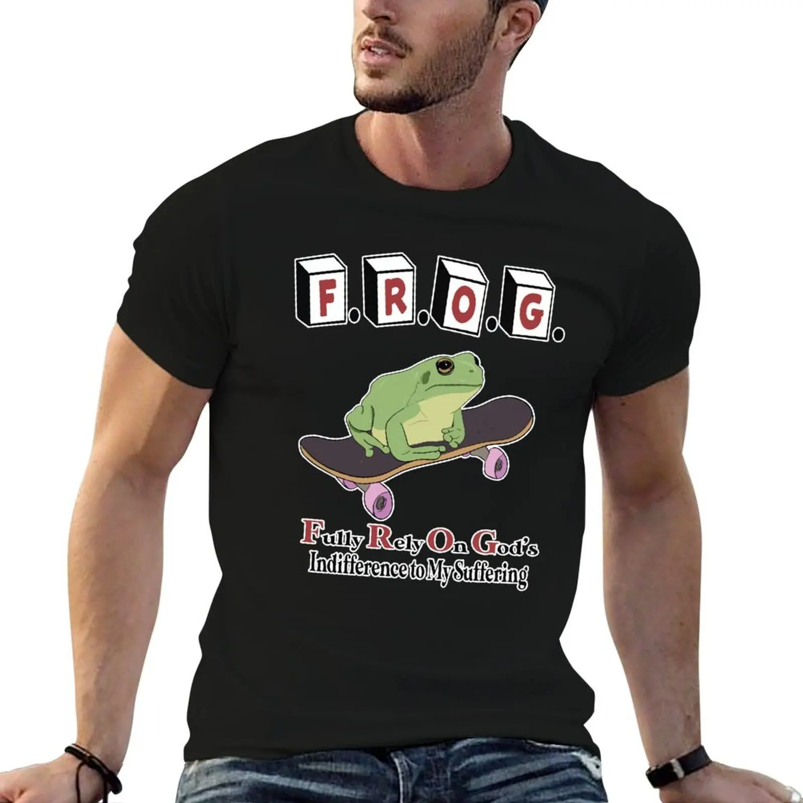 T-shirt à manches courtes Dry Fit pour la course à pied, avec inscription « Frog Fully Rely On God's Indifference To My Suffering »