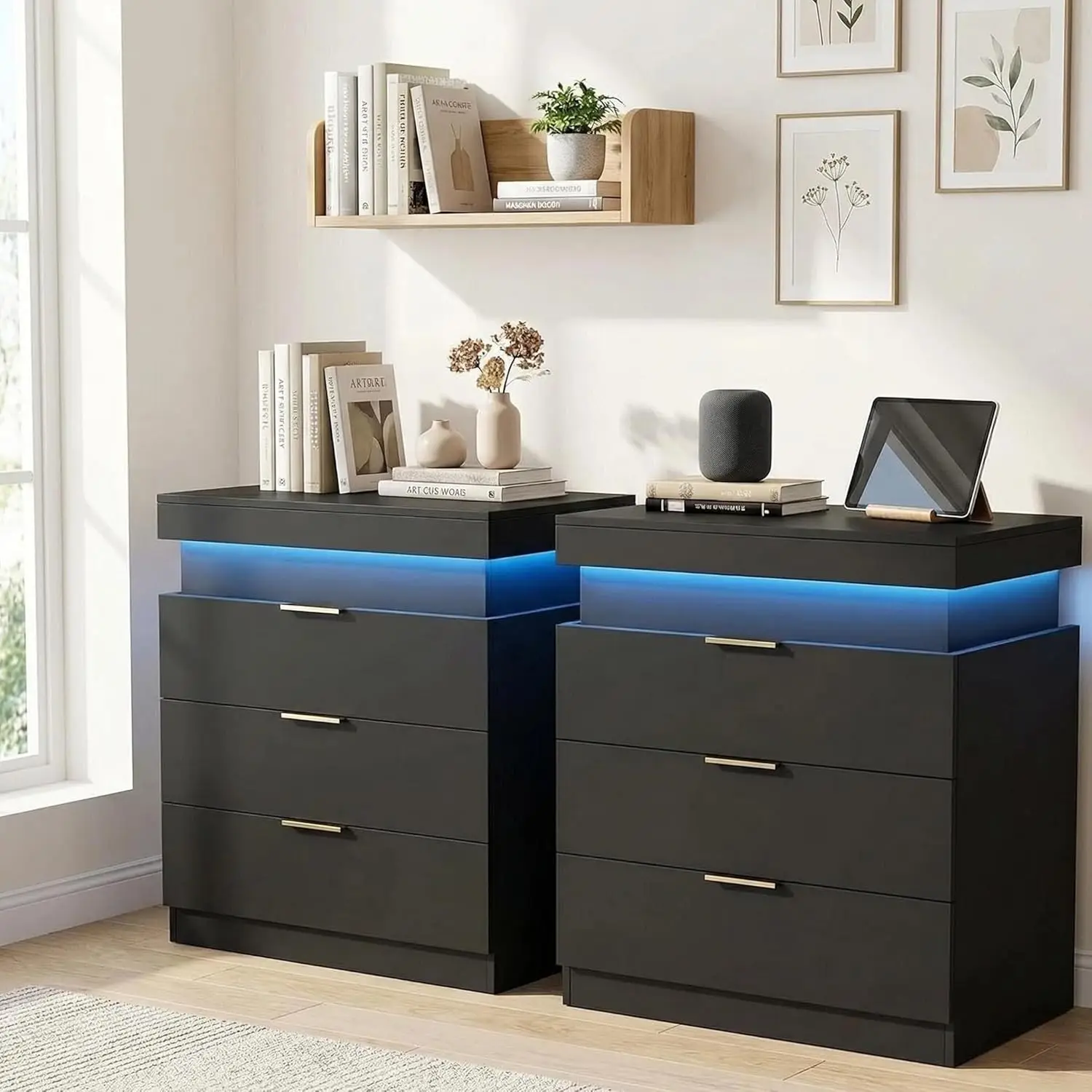Set Of 2 Nightstands With Led Lights Charging Black Bedside Tables Sliding Top Storage Drawers Usb Usb C Ac End Side Tables For