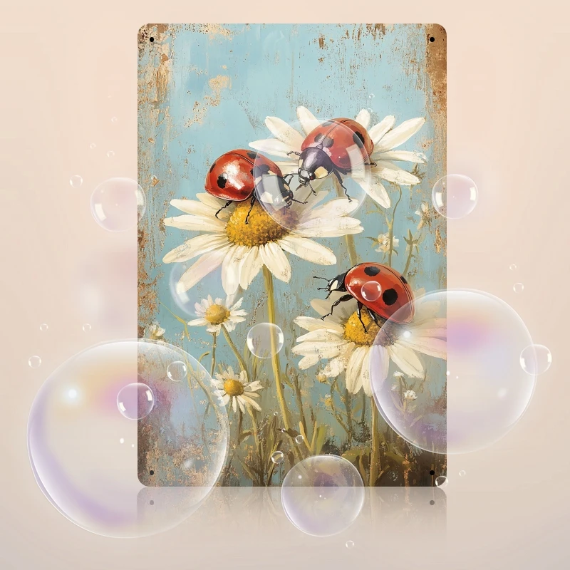Vintage Marienkäfer-Gänseblümchen-Metallschild aus Eisen, 8x12 Zoll, Retro-Wanddekoration, Blechschild für Garten, Terrasse, Veranda