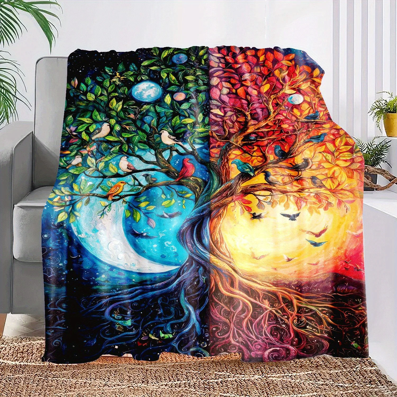 1pc Dreamy two-tone tree of life print blanket, polyester fabric, machine washable, suitable for bedroom and living room